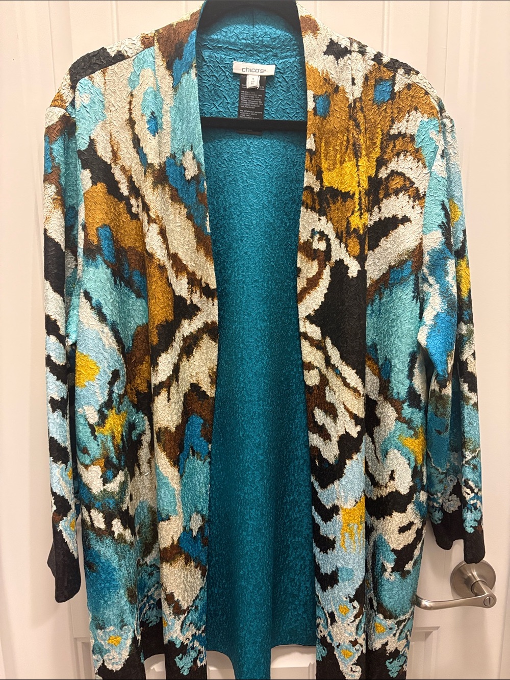 Chico’s Size 3 XL Abstract Crinkle Open Front Long Jacket Teal Blue